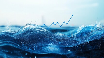 Upward trending graph over splashing ocean waves, symbolizing growth and overcoming challenges.