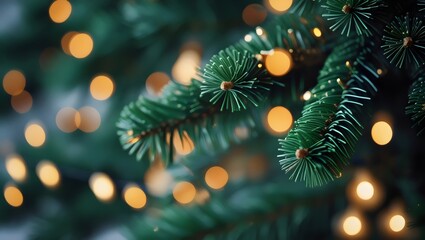 Obraz premium Festive Christmas Tree Branch: Close-up of Green Needles with Warm Bokeh Lights
