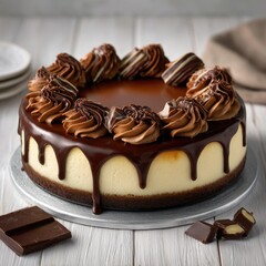 A decadent chocolate cheesecake with ganache and chocolate decorations