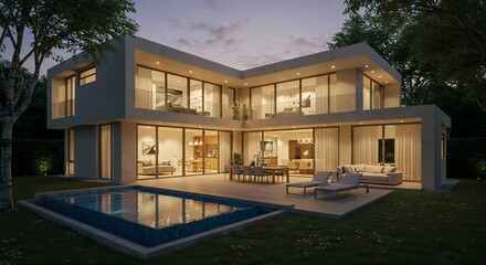 Fototapeta premium Modern House with Pool at Dusk