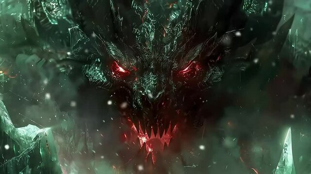 Menacing icy dragon face with fiery eyes