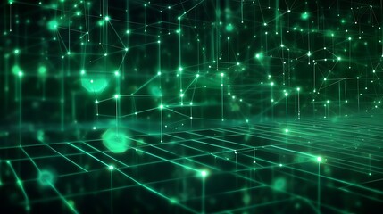 A glowing emerald green matrix of interconnected lines and nodes, resembling a futuristic data network.