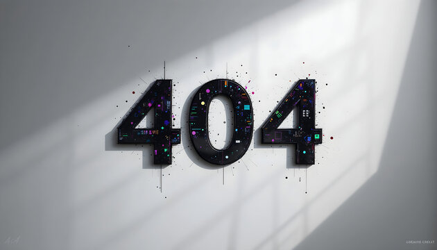 Conceptual Studio Shot of the Number 404 Displayed in Bold Classic Serif Font Against White Background Casting Distorted and Pixelated Shadows Revealing Error Messages in Digitization