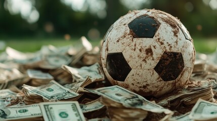A muddy soccer ball rests among piles of cash, symbolizing the intersection of sport and wealth, reflecting both passion and financial stakes in athletics.