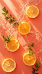 vibrant still life of citrus slices and herbs caught in mid splash, with delicate bubbles and refracted light beams dancing around the ingredients
