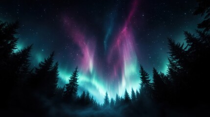 Naklejka premium A breathtaking view of the Northern Lights dances in vibrant colors over a dark forest landscape, creating a magical and serene night sky experience for nature lovers.