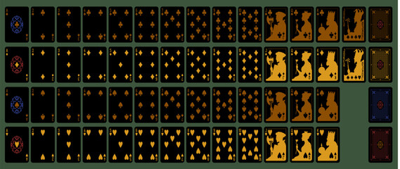 Gold and black playing printable vector cards for poker, bridge. Deck of 52 cards. Silhouette a portrait of the King, Queen, Jack and Joker and 4 suits spades, hearts, diamonds, clubs. Design №3 © Oleksandr
