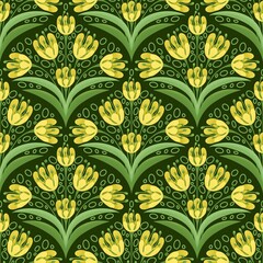 Seamless floral pattern with stylized yellow tulip-like flowers and green leaves on a dark green background. Perfect for fabric prints, wrapping paper, wallpapers, digital use, and surface decoration