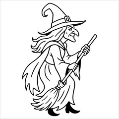 Halloween Witch Outline Drawing.