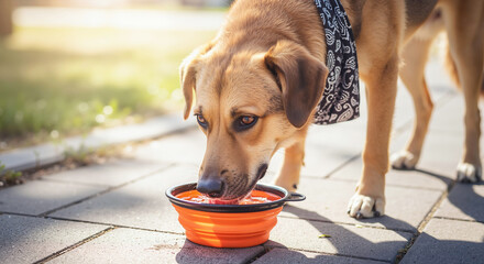Dog with a bandana drinking water from an orange portable bowl on a sidewalk. Pet hydration and responsible ownership during a hot summer walk. For pet care products and services