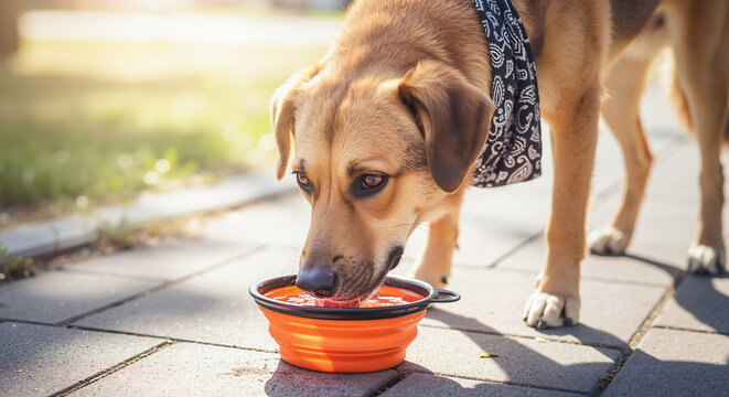 Dog with a bandana drinking water from an orange portable bowl on a sidewalk. Pet hydration and responsible ownership during a hot summer walk. For pet care products and services