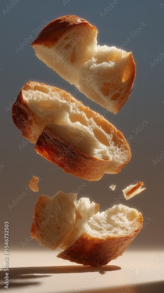Poster Floating Slices of Sourdough Bread Create a Whimsical Atmosphere Against a Minimalist Backdrop Highlighting Their Delicious Texture and Form