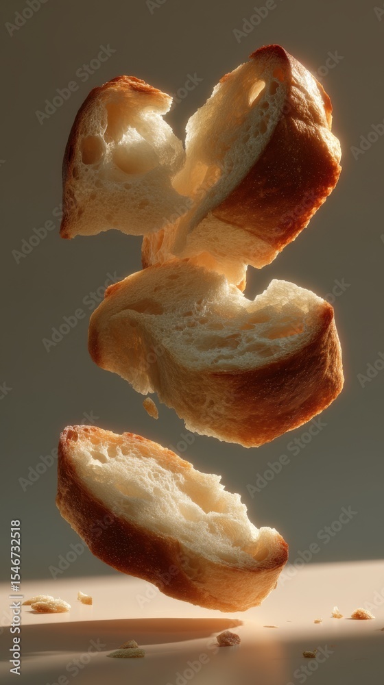 Poster Surreal Display of Levitating Sourdough Bread Slices Capturing the Essence of Minimalism and Artistic Food Presentation