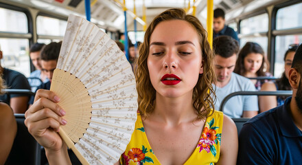 Young blonde woman fanning herself on a hot, crowded bus. Coping with the summer heat during a daily commute in uncomfortable public transport. Urban life struggles