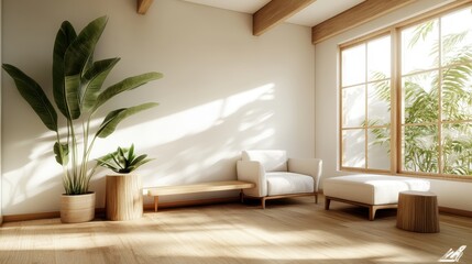 A serene, minimalistic living room features a soft armchair, wooden bench, and lush plants bathed in natural light, creating a tranquil and inviting environment.
