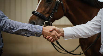 An agreement handshake with a horse in the background. This photo captures the essence of partnership and agreement in the equine world