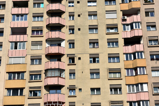 Fototapeta Typical facade of concrete panel building. Post Soviet flat of blocks