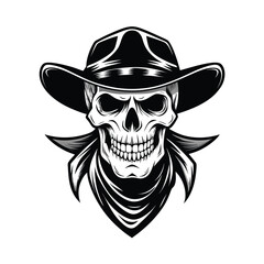 A skull wearing a cowboy hat and bandana isolated on white background