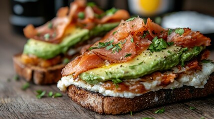 A gourmet toast topped with avocado and smoked salmon, combining freshness and culinary innovation, perfect for showcasing modern brunch trends and delectable flavors.