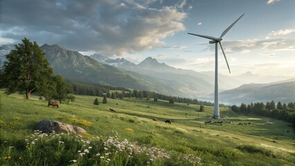Wind turbines generate clean, renewable electricity in a stunning mountain landscape under a blue sky