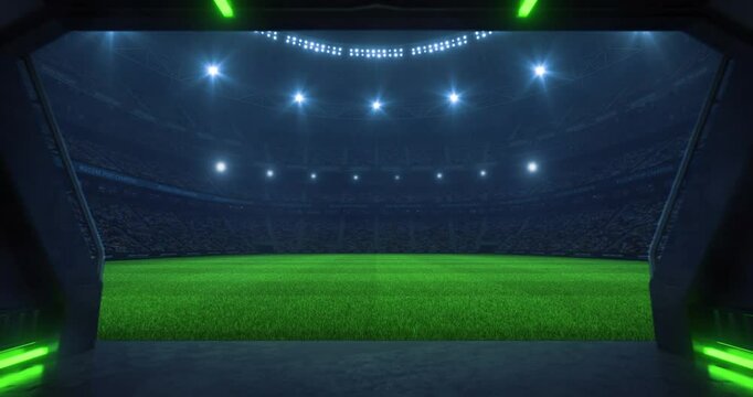 Entrance to a sports stadium full of cheering fans with an empty grass field before a league or tournament match. Professional sports 4k video for advertisement background.