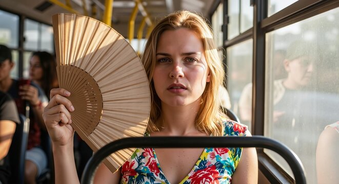 Young blonde woman fanning herself on a hot, crowded bus. Coping with the summer heat during a daily commute in uncomfortable public transport. Urban life struggles