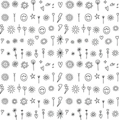 Black and White Hand Drawn Doodle Pattern Sun Flowers Hearts Stars
