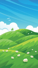 Obraz premium Cartoon illustration of a pastoral scene with sheep grazing on green hills under a blue sky