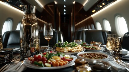 Fototapeta premium An exquisite dining setup featuring a lavish spread of gourmet dishes on a private jet, exuding luxury, sophistication, and the ultimate travel experience.