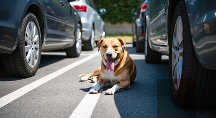 Amusing dog lying in the shade between two cars, panting happily on a hot day. A smart pet's strategy for staying cool in a city parking lot during a summer heatwave