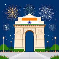 Fototapeta premium India Gate at Night with Fireworks Display, Celebrating Independence Day