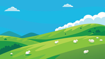 Fototapeta premium Cartoon illustration of a peaceful meadow scene with sheep grazing under a blue sky