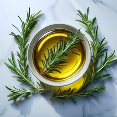 Depict a vial of aromatic rosemary oil surrounded by lush rosemary foliage