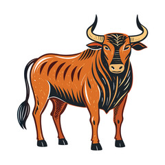 A strong bull isolated on white background stands powerfully with its horns showcasing the strength and nature of this farm animal