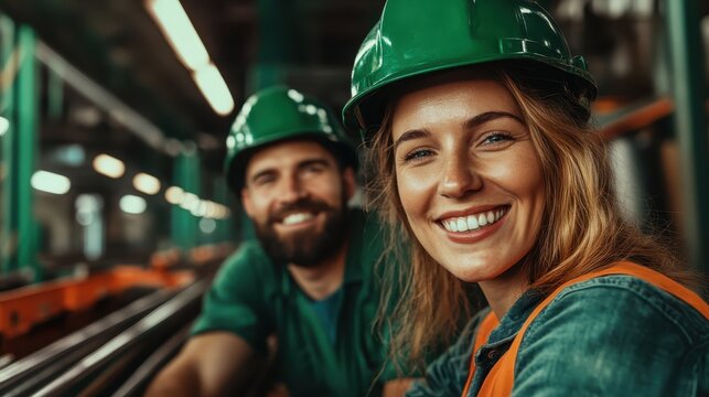 A vibrant image featuring two smiling workers wearing helmets in an industrial setting, showcasing teamwork, safety, and a positive work environment amid machinery.
