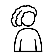 Female user avatar with curly hair. Line icon of a person, online account profile, or team member. Black and white graphic with adjustable stroke weight.