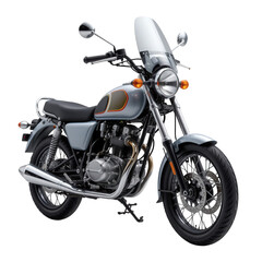 Stylish gray motorcycle with chrome accents and touring windshield parked on white background
