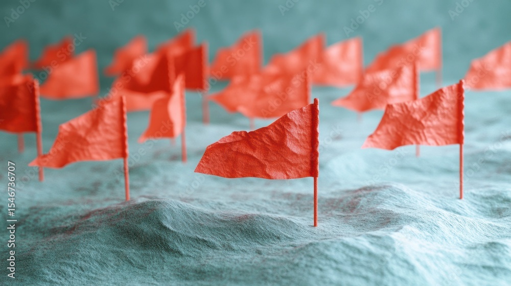Aufkleber numerous small red flags planted on a textured surface, suggesting warnings or markers.