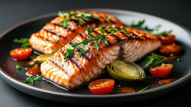 Succulent grilled salmon fillets, perfectly garnished with herbs and vibrant cherry tomatoes, present a mouthwatering dish showcasing culinary excellence and gourmet presentation.
