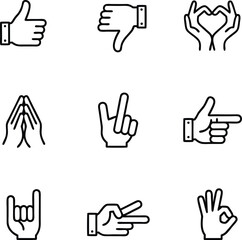 Fototapeta premium Nine Black Outline Hand Gestures Icons Set thumbs up