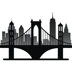 Obraz premium City skyline silhouette featuring a bridge and various buildings isolated on white background