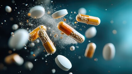 An artistic representation of various pills and capsules suspended mid-air, encapsulating the dynamic world of pharmaceuticals and health with an air of creativity and motion.