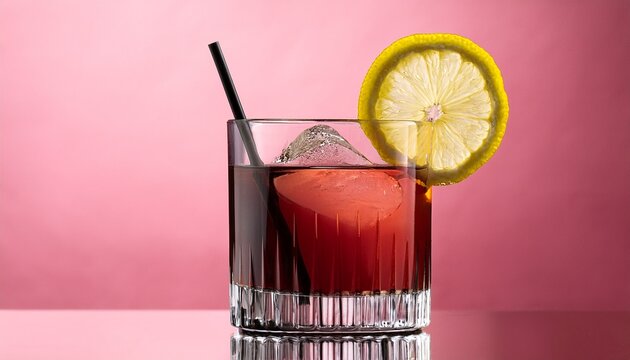 freshly prepared and poured tuxedo cocktail with a lemon slice on a coctail stick isolated on a pink background