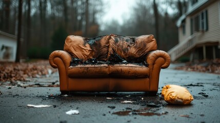 An abandoned, burnt couch placed on a roadside amidst a forest, representing neglect and destruction in an otherwise natural setting, provoking contemplation.
