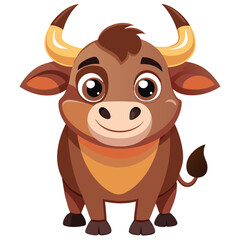 Cute cartoon bull with brown fur and horns isolated on white background