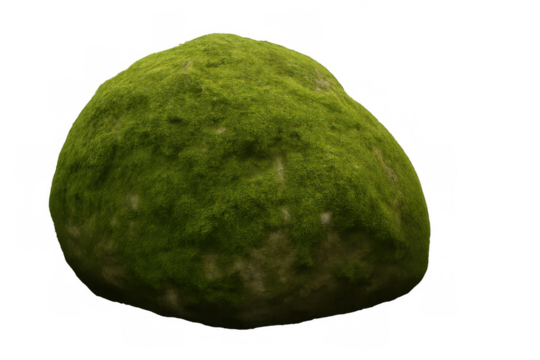 Photorealistic 3d rendering of a mossy rock, isolated on a transparent background, ideal for easy integration into various projects