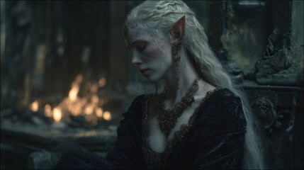 Elven princess wearing jewelry and looking down in a dark fantasy setting with fire in background