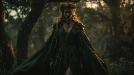 Elven princess wearing green dress and crown posing in forest