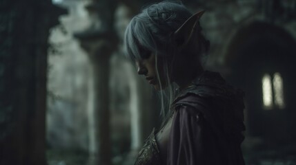 Elven princess wearing fantasy medieval dress standing in ancient ruins