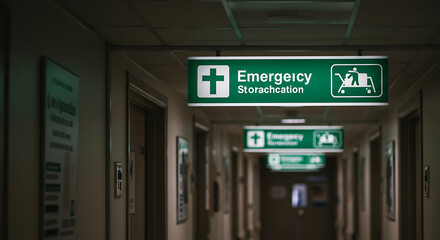 Hospital emergency exit sign in a hallway